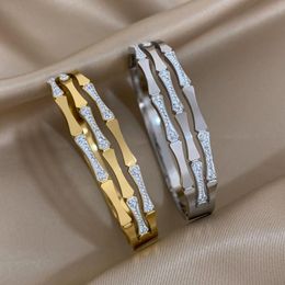 Charm Bracelets AENSOA 2023 Inlaid Zircon Bamboo Stainless Steel Bangles For Women Unique Hollow Gold Color Wrist Jewelry