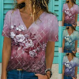 Womens TShirt Summer Womens Floral Theme Printed Painting Tee Shirts V Neck Casual Female Daily Pullover T Shirt Design Streetwear 230707