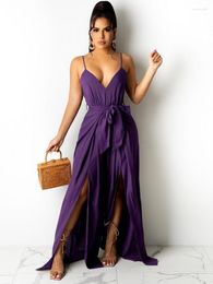 Casual Dresses Summer Outfits For Women 2023 Plunge V Collar Spaghetti Strap Jumpsuit Bohemian High Waist Front Split Wide Leg Overalls