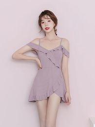 Women's Swimwear One Piece Sling Swimsuit Ladies Bubble Spring Ruffle Off Shoulder Swim Dress Conservative Boxer Women