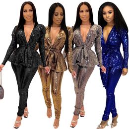 Suits 2020 Winter Women Sets Hot Stamping Tracksuits Full Sleeve Sashes Tops+pants Suit Two Piece Set Night Club Party Outfits Gl6332