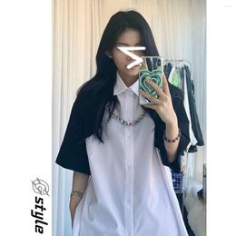 Women's Blouses Summer Korean Retro Loose Short Sleeved Shirt For Women Polo Neck Spliced Causal Versatile White Top Blouse