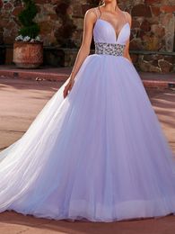 Gorgeour Lilac Prom Dress Sweetheart Sleeveless Backless Court Train Evening Gowns Sparkling Beaded Waistline