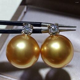 Dangle Earrings Huge 10-11mm Round South China Sea Gold Pearl 925S Silver