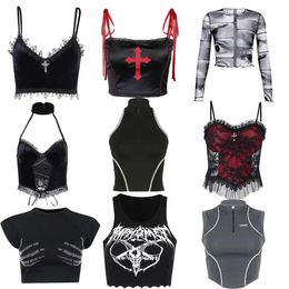 Cardigans Egirl Gothic Grunge Corset Crop Top Vintage Women Lace Trim Black Cami Top Haruku Retro Mini Vest Punk Style Emo Alt Clothes