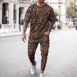 Mens Tracksuits Leopard Print Tshirt Trousers Fashion Streetwear Sports Short Sleeve T Shirtpants 2 Pcs Sets Men Tracksuit jogging 230707