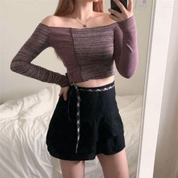 Women's T Shirts 2023 Korea Butterfly Embroidery Harajuku Y2k Off-shoulder Top Gothic T-shirt Torticollis Stitching Short Long-sleeved Women