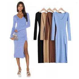 Casual Dresses Women Autumn Winter V Neck Temperament Slim Sweaterdress Solid Side Slit Midi Sexy Ribbed Long Sleeve Knitted Dress