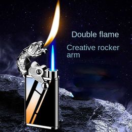 Creative Windproof Open Fire Modified Lighter New Blue Flame Metal Rocker Arm Ignition Tiger Head Double 3GFZ