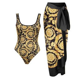 Women's Swimwear Fashion Gold Print Crew Neck Swimsuit Feminine Slim Bikini Luxurious Colorblock Beach Suit Chic Elegant Strap Cover Up 230707