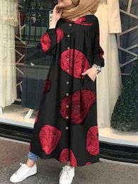 Suits Ramadan Muslim Printed Maxi Dress Women Abaya Islamic Clothing Casual Long Sleeve Shirt Vestidos Female Button Robe Summer 2022