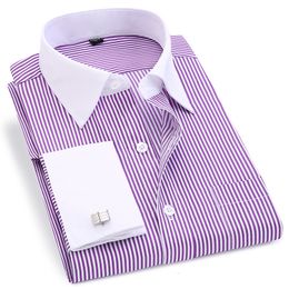 Men's Dress Shirts Gentle Formal Mens French Cuff Shirt Men Long Sleeve Solid Striped Style Cufflink Include Plus Sizet 6XL 230707