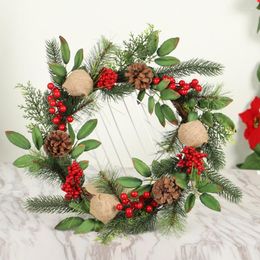 Decorative Flowers Christmas Wreath Artificial Red Berries Pine Cones Needles Wreaths Festival Door Hanging Garland Party Decoration For