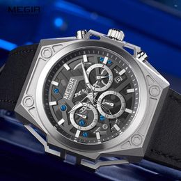 Wristwatches MEGIR Military Sports Watches Men 2023 Leather Strap Chronograph Quartz Watch Man Fashion Waterproof Wristwatch