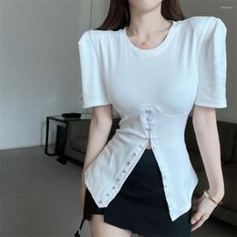 Women's T Shirts 2023 Unique Buttons White Tees Korean Fashion Bubble Short Sleeve T-shirt Slim Casual Split Tops Solid Colour Summer Women