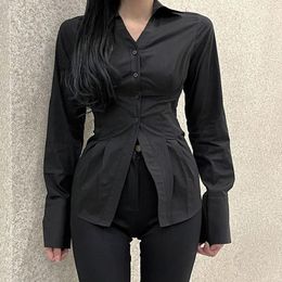 Women's Polos 2023 Fashion Versatile Solid Color Shirt Pleated Retro Lapel Sexy Clothing Factory Store Direct Sales