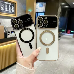 Fashion Plating Logo Hole Magnet Case For iPhone 15 14 Plus 11 12 13 Pro Max Casing soft PC HARD Lens Film Protector Wireless Charging cover