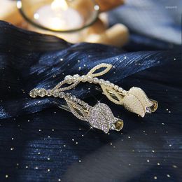 Hair Clips French Tulip Flower Pearl Inlaid Rhinestone Alloy Hairpin For Women 2023 Metal Duckbill Clip Bridal Accessories Jewelry