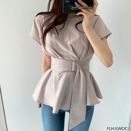 Capris Cute Sweet Tops Peplum Blouses Women Korean Japan Preppy Style Girls Ladies Design Solid Belt Bow Tie Laceup Shirt Blusas