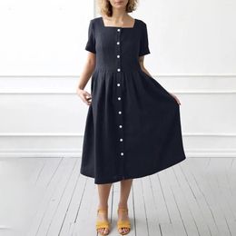 Party Dresses Women Casual Solid Colour Loose Dress Short Sleeve Square Neck Button Boho Holiday Sundresses Vestidos