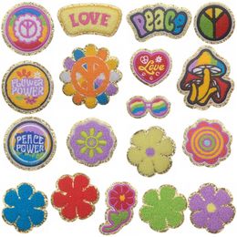 Notions Chenille Iron on Patches Vintage Hippie Patch with Glitter Small Peace Love Embroidered Badge Sewing Appliques for Clothes Jackets