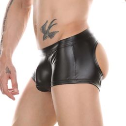 Underpants Men's Boxers Faux Leather Wet Look Sexy Panties Open BuG String Buttocks Boxershorts Club Hip Exposed Design