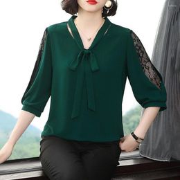 Women's Blouses Chic Lace Stitched V-neck Shirt Elegant Bow Tie Collar Loose Fit Thin Pullover Top For Casual Style