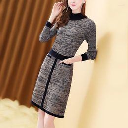 Casual Dresses Spring Women Sheath Knitted Slim Grey Elegant Half High Collar Stretch Long-sleeved Autumn Bottoming Knit Dress E394