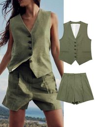 Women's Two Piece Pants Casual Sleeveless Waistcoat Two Piece Set Women Loose V-neck Single Breasted Vest Shorts Sets Womens Summer Green Lady Set 230707