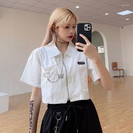 Women's Blouses Summer Korean Fashion Clothing Women Blouse Polo Neck Short Sleeve Shirt Chain Loose Versatile Cool Girl Zipper Top