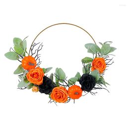Decorative Flowers Fall Wreath Farmhouse Pumpkin Floral Hoop Garland With Leaves For Front Door Decoration