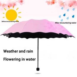 Umbrellas Ladies Portable Umbrella Windproof 3-Folding Blossoms In Water Changes Colour Anti-UV Sun/Rain Umbrella