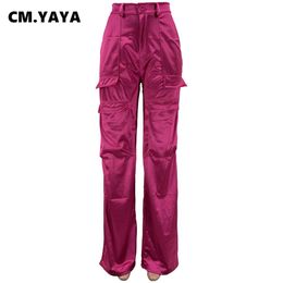 Pants Cm.yaya Women Fashion Pocket Side Straight Wide Leg Safari Style Pants 2023 New Summer Zipper Fly Rose Red Cargo Trousers