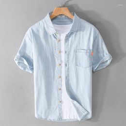 Men's Casual Shirts Summer Pure Cotton Short Sleeved Denim Shirt Versatile Blue