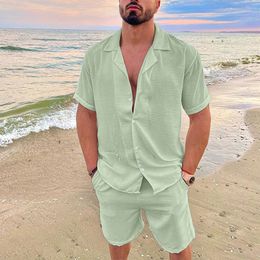 Men's Tracksuits Summer Casual Loose Two Piece Sets Beach Solid Cotton Linen Man Suit Short Sleeve Button Shirt and Shorts Office Outfits 230707