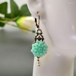 Dangle Earrings Moda 2023 Cluster Green Flower Drop For Women Morrocan Jewellery Ancient Gold Colour Pearl Pendant Earring