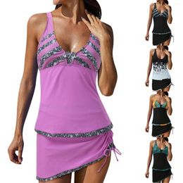 Damen-Bademode für Damen, mit Shorts, Badeanzug, Oberteil, längerer BH, Stützbikini, Strandurlaub, Kordelzug, V