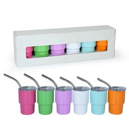 2oz Car Cup Mini Ice Blaster Mugs Color Dye Sublimation Coating Set Stainless Steel Beer Straw Cup 0708