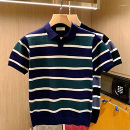 Men's Polos Vintage Street Polo Shirts Short Sleeve Summer Thin Knit Material Shirt Man Blouse For Male Tops Contrasting Colours