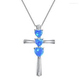 Pendant Necklaces White Blue Opal Heart Stone Necklace Female Classic Cross Black Gold Silver Color Chain For Women Men