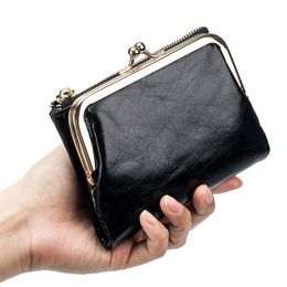 Designer Women Wallets 2023 Cow Leather Coin Purse Small Money Bag Vintage Genuine Leather Card Holder Metal Clamp Short Purse