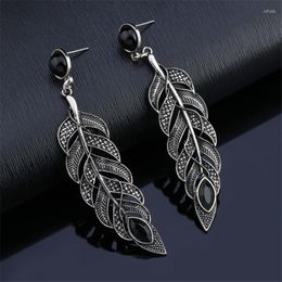 Stud Earrings Fashion Earring For Women Ancient Silver Colour Alloy Feather Large Long Black Beads Pendant Boucle D'oreille