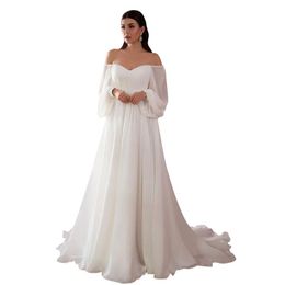 Capris Women Elegant Wedding Evening Dress Puff Long Sleeve Sexy Off Shoulder Vneck Ruched White Maxi Floor Length Slim Gown