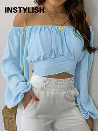Suits Women Elegant Boho Print Blouse Casual Long Lantern Sleeve Off Shoulder Slim Shirt Female Chic Cropped Top Summer Tunics