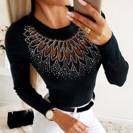 Suits Women Knitted Shirt Women Clothing Diamonds Rhinestone Ladies Solid Colour Longsleeve Top Autumn Winter Slim Elegant Blouse