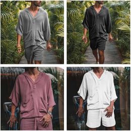 Men's Tracksuits Fashionable TwoPiece Set Casual Cotton Linen Solid Color Loose Suit Summer Half Sleeve V Neck TShirt and Shorts for Men 230707