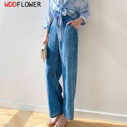 Women's Pants Women Mulberry Silk 16 Momme Blue Jeans Printed Pocket Wide Leg Fashion Long Trousers Elastic Waist MM858