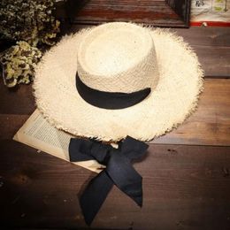 Wide Brim Hats Hand Made Fashion Women Summer Sun Hat Large Side Raffia Straw Ribbon Beach Caps Ladies Floppy Panama