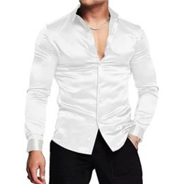 Men s Dress Shirts Stylish Satin Lounge Shirt Cardigan Youth Leisure Business Solid Color Simple Fashion Long Sleeve 230707