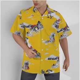 Men's Casual Shirts Hawaiian Yellow Shirt Creative Mountains Print Beach Short Sleeve Summer Button Up Patchwork Tops 3D